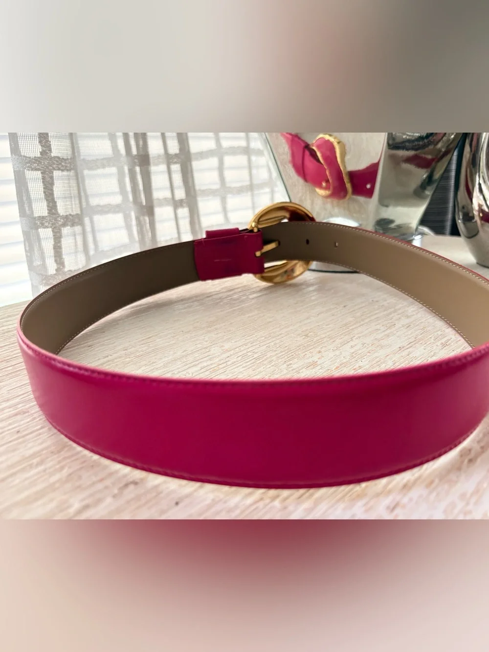 VTG Liz Claiborne Pink Leather Gold Buckle Belt Size M